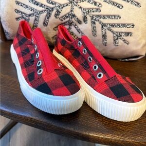 Women’s Red and Black Plaid Slip-On Canvas Sneakers